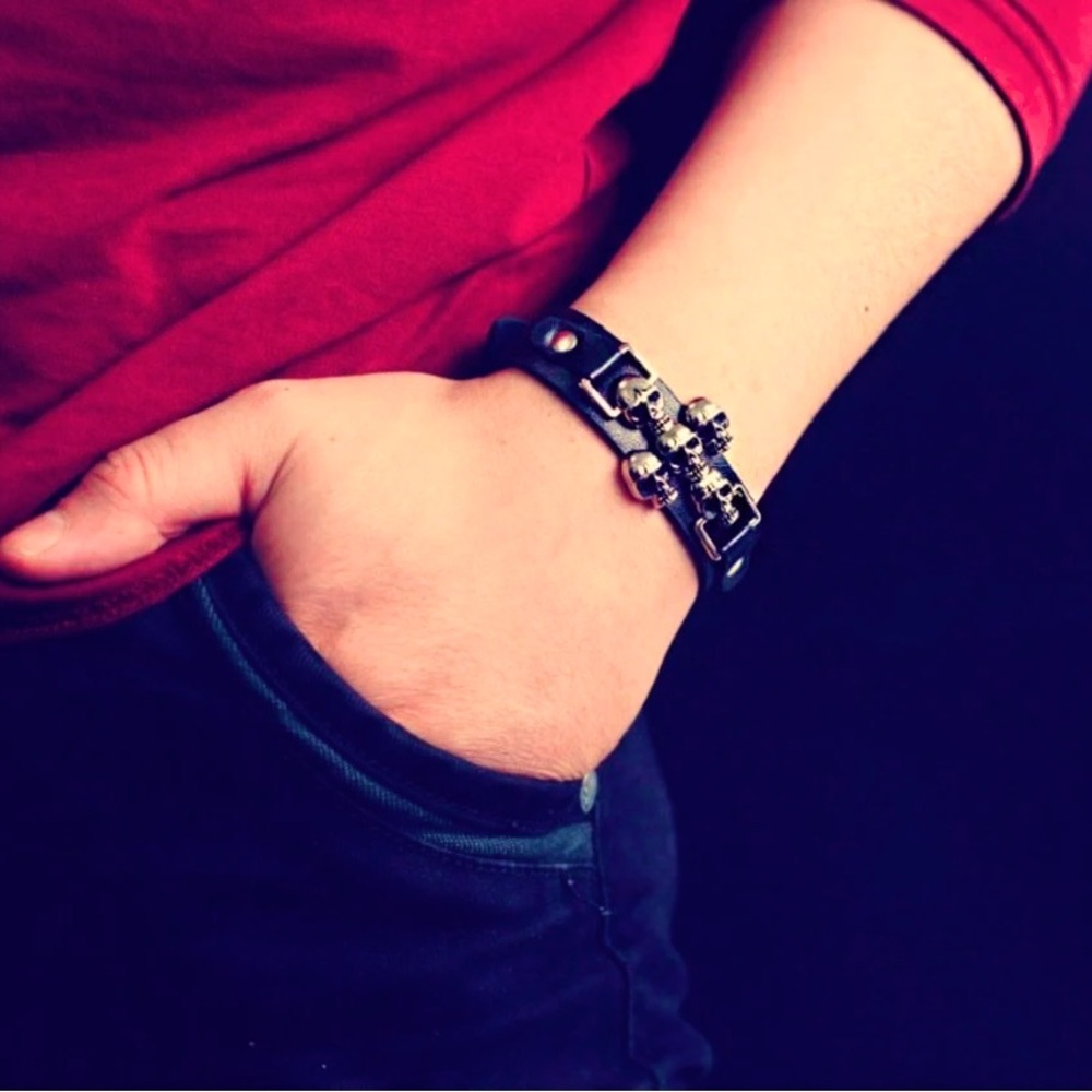 Skeleton Skull Punk Gothic Rock Leather Belt Buckle Bracelets For Men